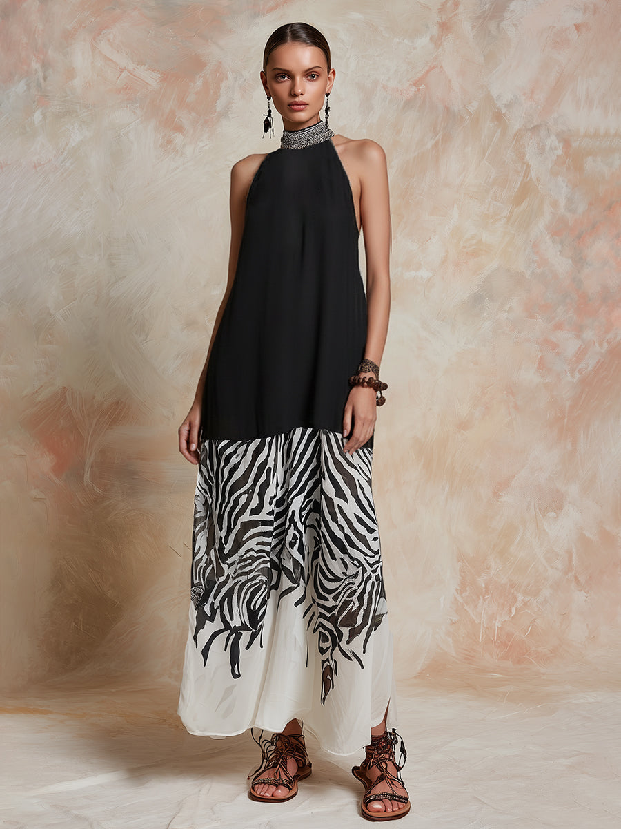 Elegant Retro Color-blocked Printed Black Chiffon Sleeveless Maxi Dress