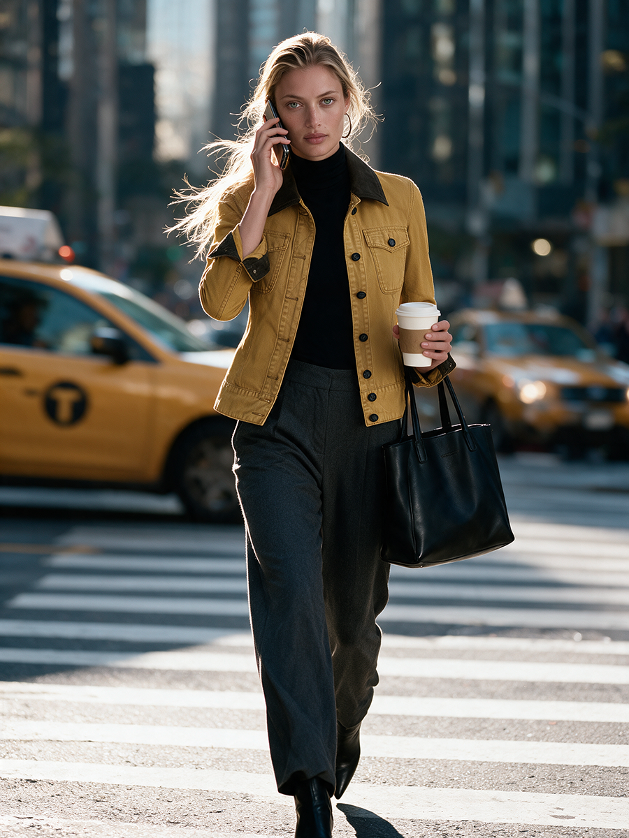 Mustard Yellow Fitted Denim Jacket Women Contrast Collar Western Cropped
