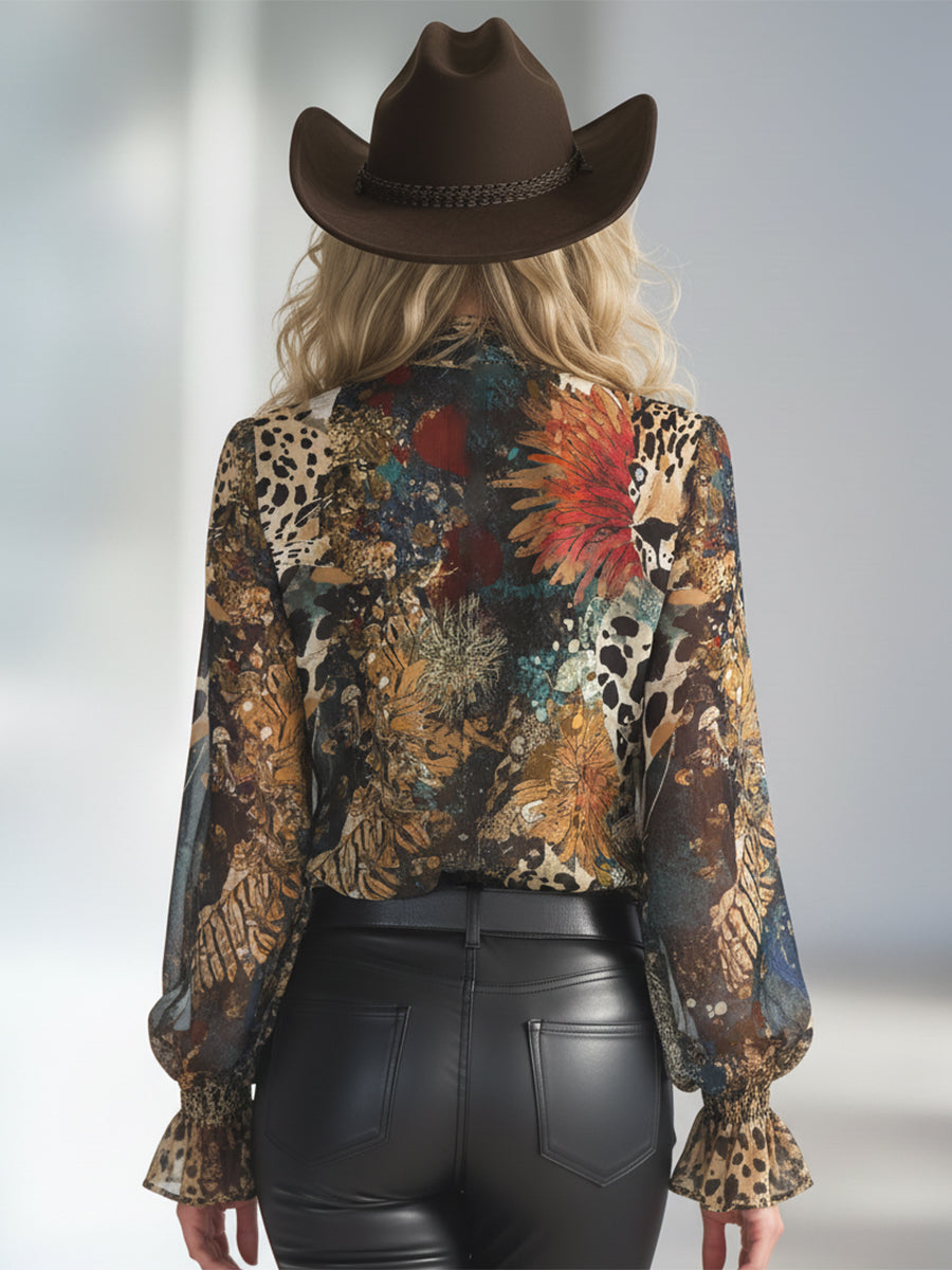 Retro-chic Art Print Chiffon Ribbon Shirt