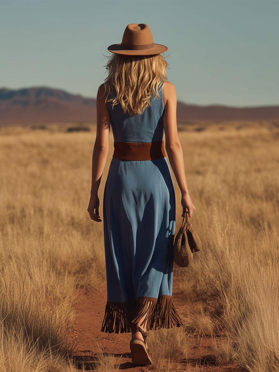 Western Bohemian Style V-neck Button-down Sleeveless Fringed Suede Maxi Dress