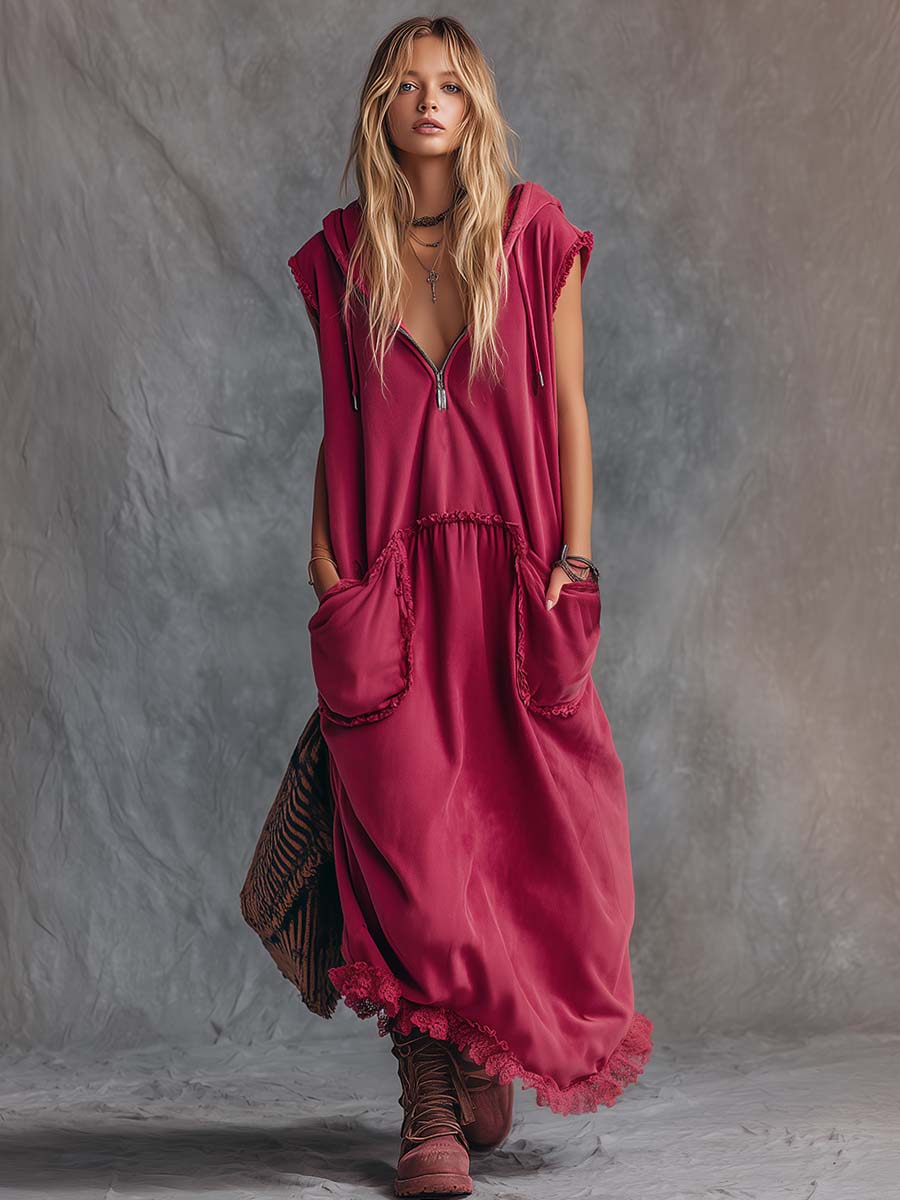 Vintage Casual Sporty Hooded V-neck Front Zip Lace Trim Sleeveless Raspberry Red Cotton Maxi Dress