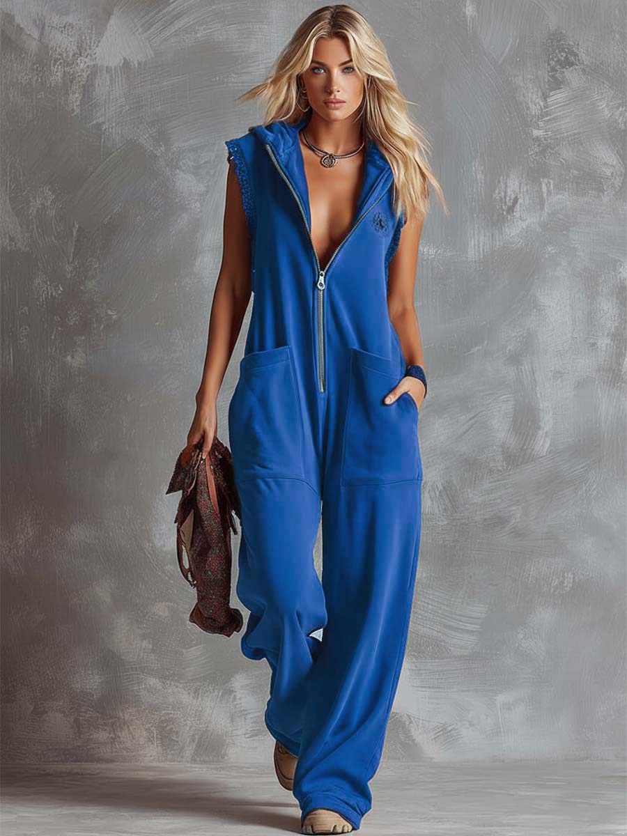 Retro Fashiona Sporty Hooded V-neck Front Zipper Raspberry Red Cotton Jumpsuit