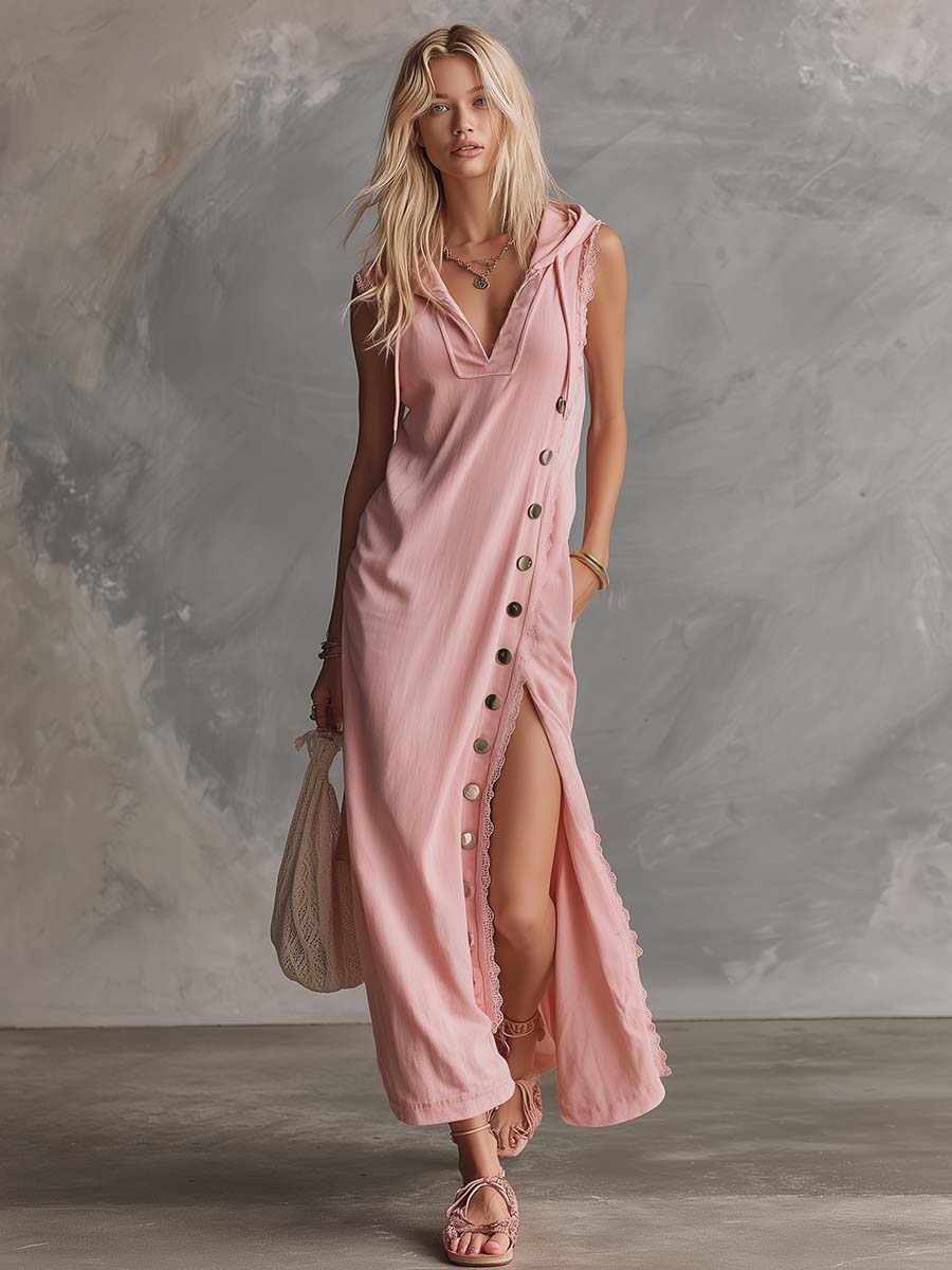 Elegant Retro Sporty Hooded V-neck Sleeveless Lace Trim Side Slits And Button Pink Cotton Midi Dress