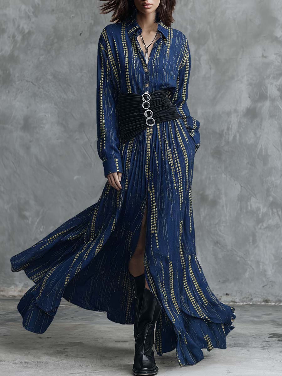 Retro Fashion Gold Polka Dot Pattern Blue Tencel Denim Shirt Style Maxi Dress