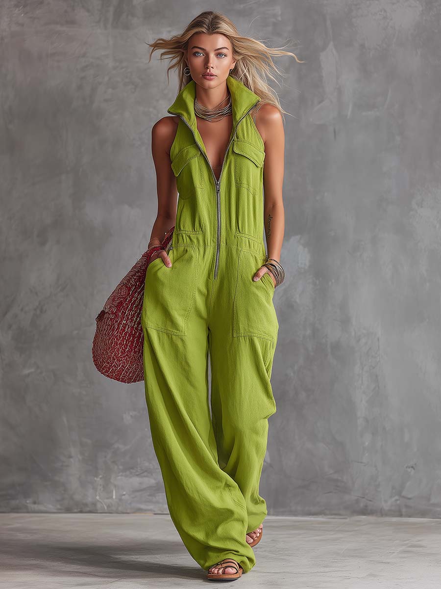 Casual Retro Western Collar Front Zipper Bright Green Cotton Linen Jumpsuit