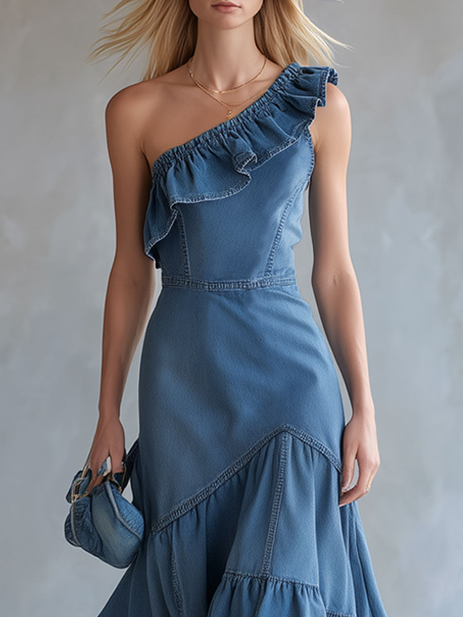One-shoulder Ruffled Sleeveless Denim Maxi Dress
