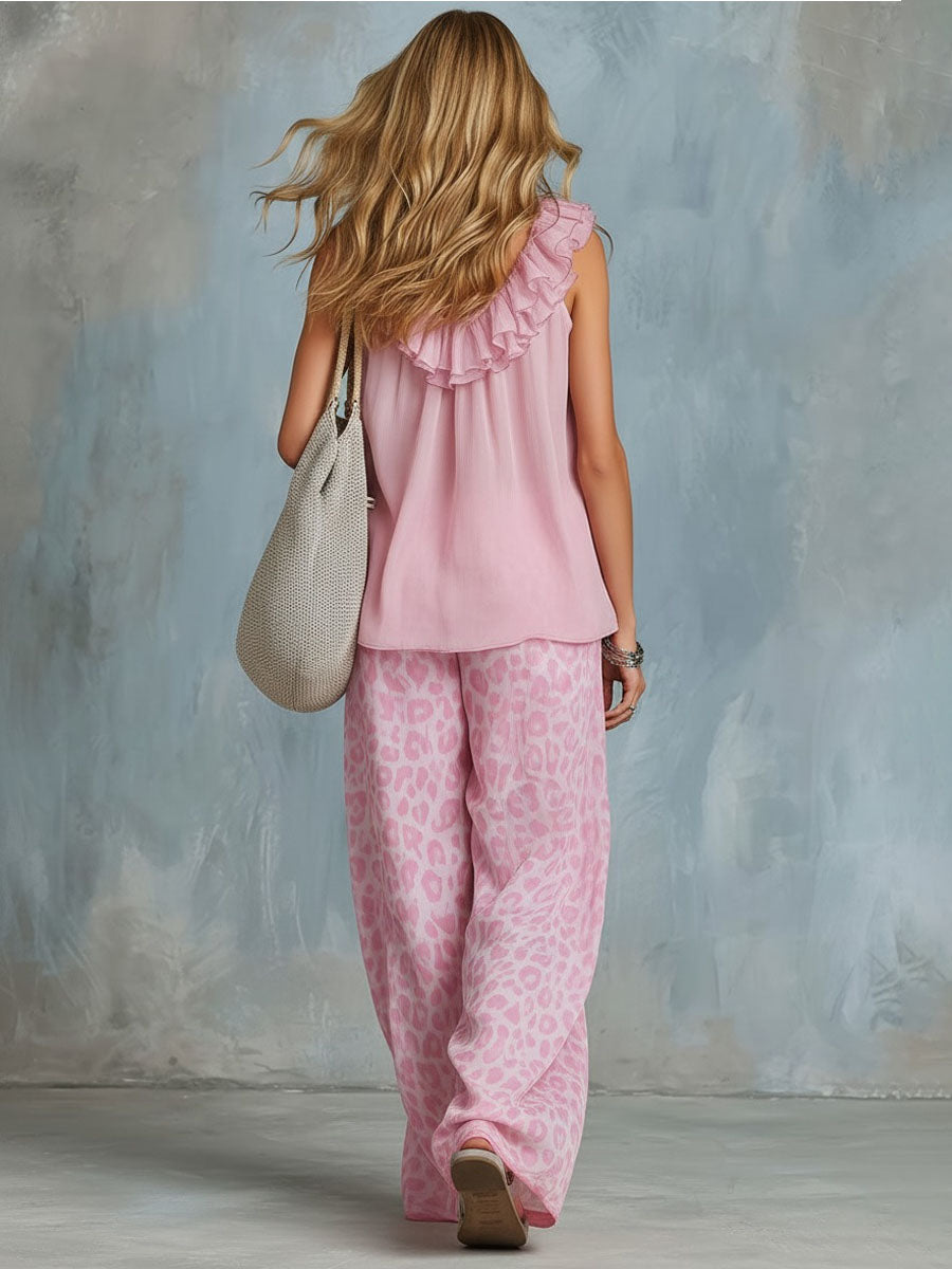 Chiffon Ruffled V-neck Sleeveless Top And Leopard Print Pants Set