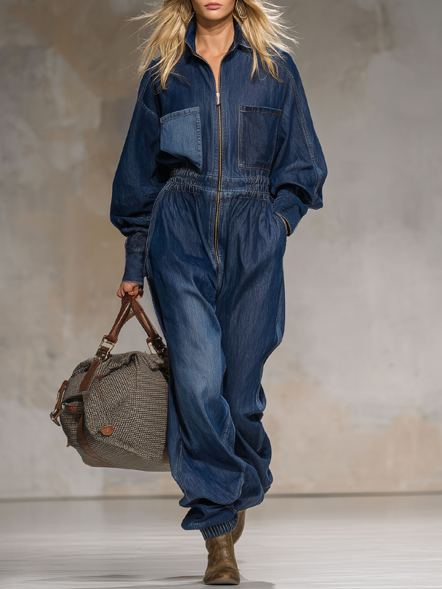 Retro-style Collared Multi-pocket Zippered Denim Jumpsuit