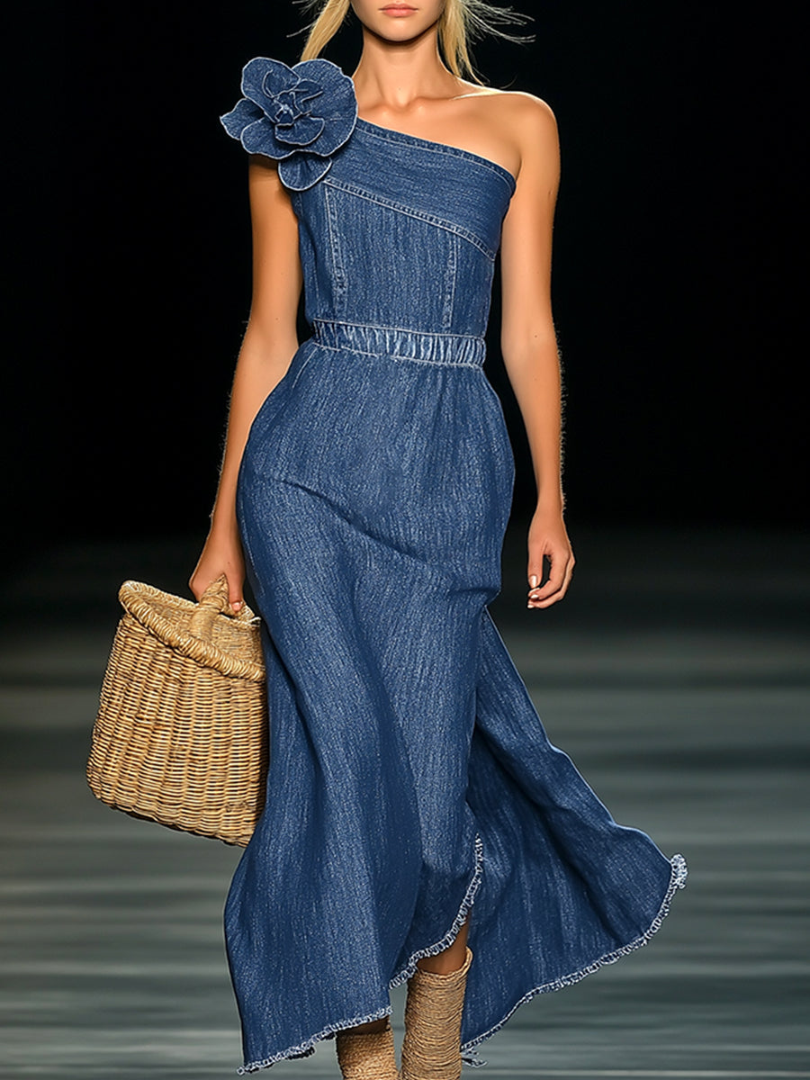 High End Western Dresses | Oyrosy Strapless Denim Floral Maxi OYROSY High End Western Dresses | Oyrosy Strapless Denim Floral Maxi OYROSY