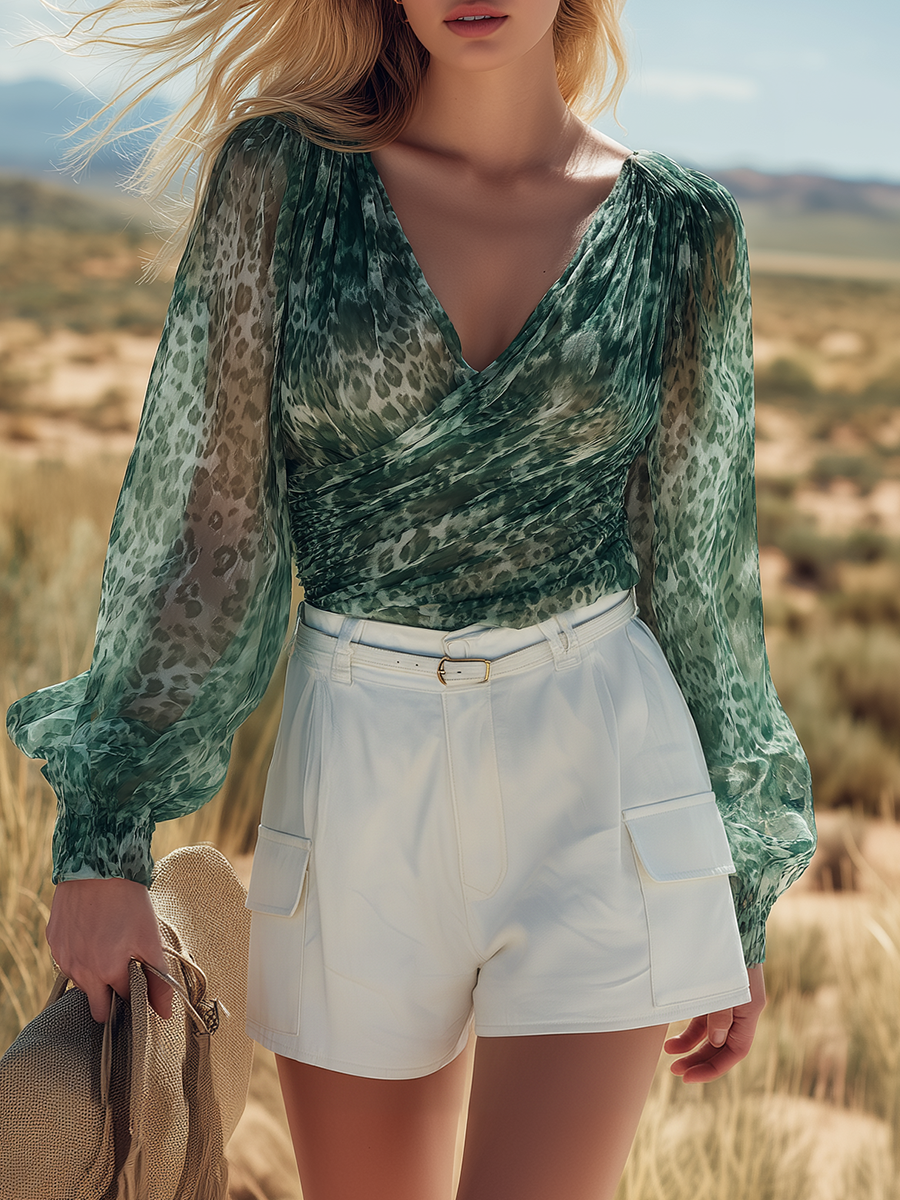 Western Bohemian Style V-neck Long-sleeved Printed Chiffon Top And Denim Shorts Set