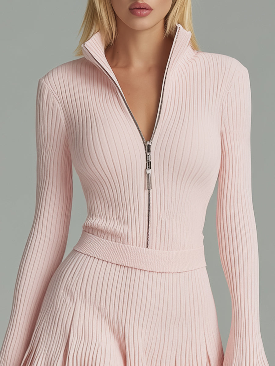 Casual And Stylish Light Pink Knitted Mini Dress With Stand-up Collar