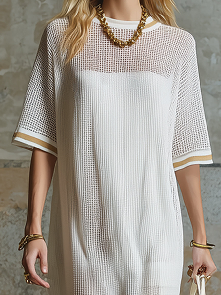 Casual Sporty Striped-trim White Mesh Split-hem Short-sleeved Midi Dress