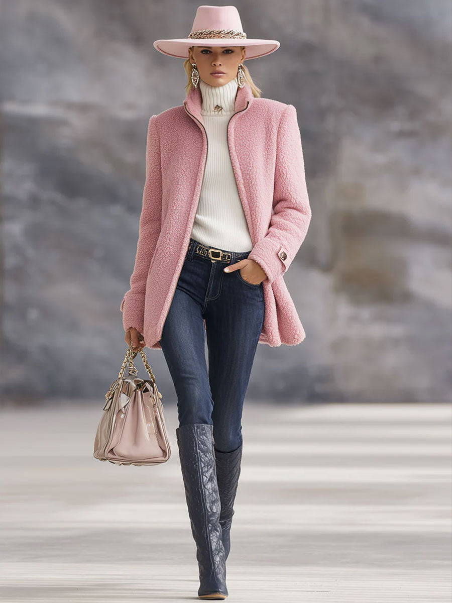 Casual Vintage Pink Polar Fleece Zip-Up Jacket Coat