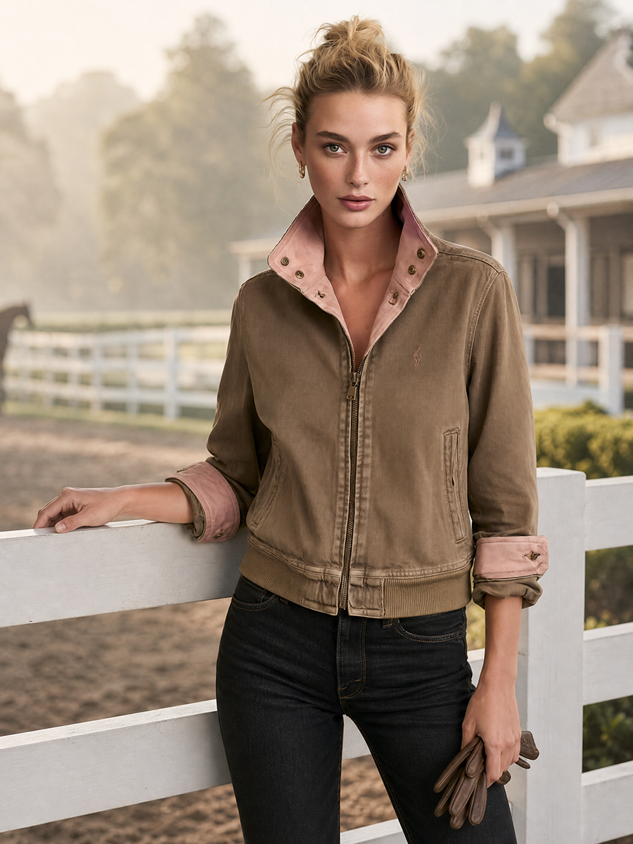 Brown Washed Bomber Jacket With Pink Contrast Collar