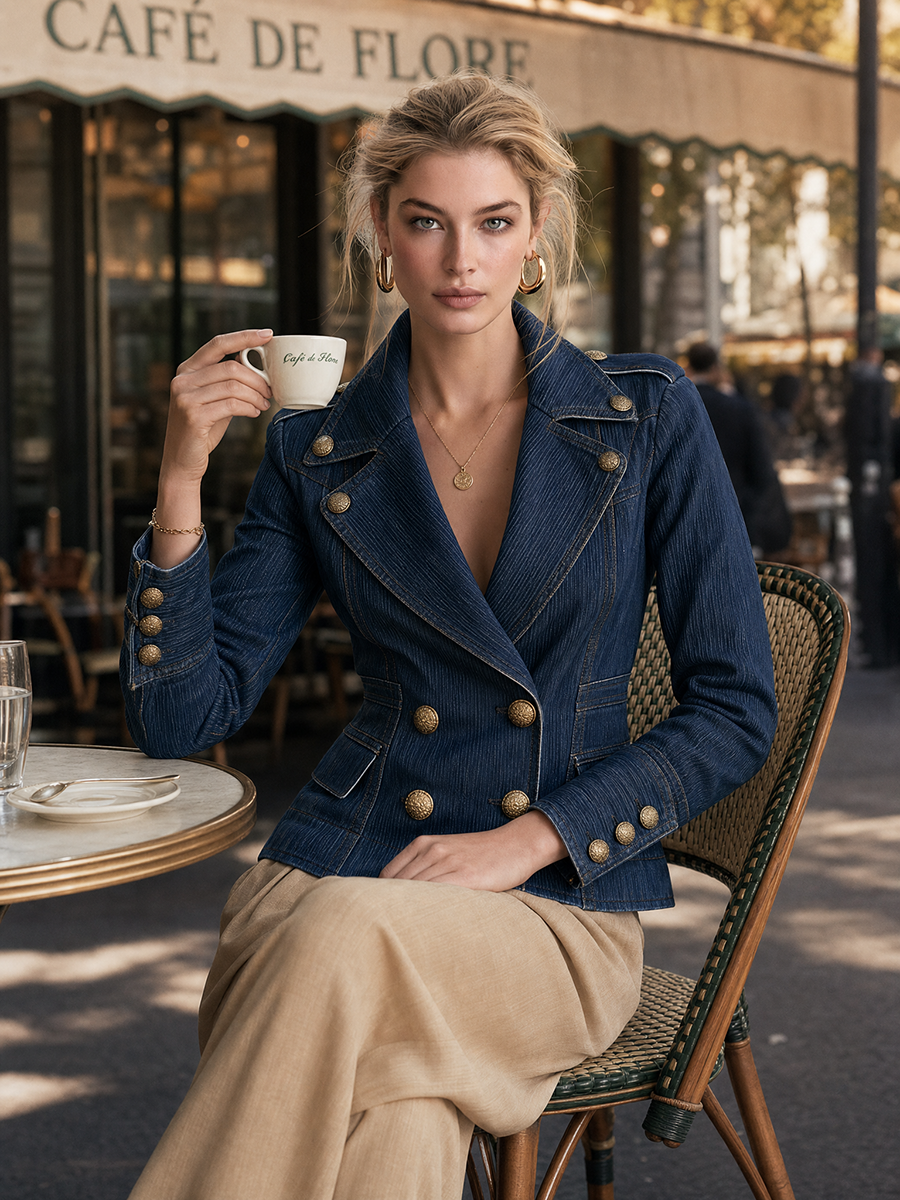 Women’s Dark Wash Denim Blazer With Gold Buttons