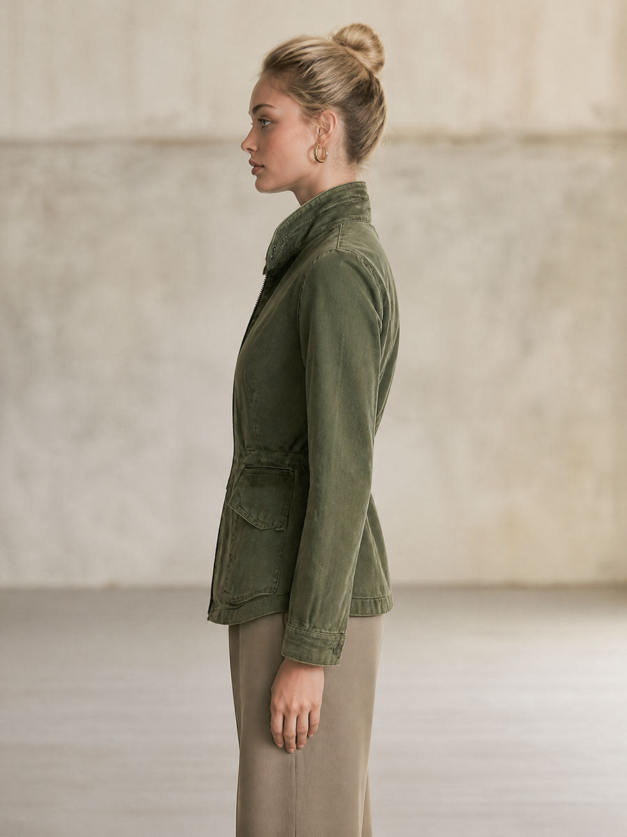 Olive Green Workwear Jacket Lightweight Jacket Fitted Waist Design