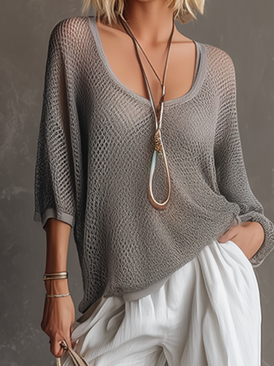 Simple Urban Gray Mesh Knit T-shirt And White Cotton Linen Wide-leg Pants Set