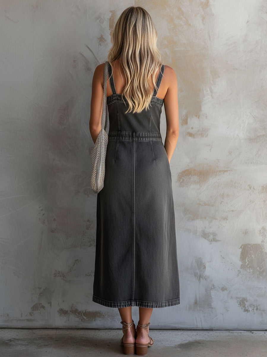 Casual Retro Gray Sleeveless Multi-pocket Washed Denim Midi Dress