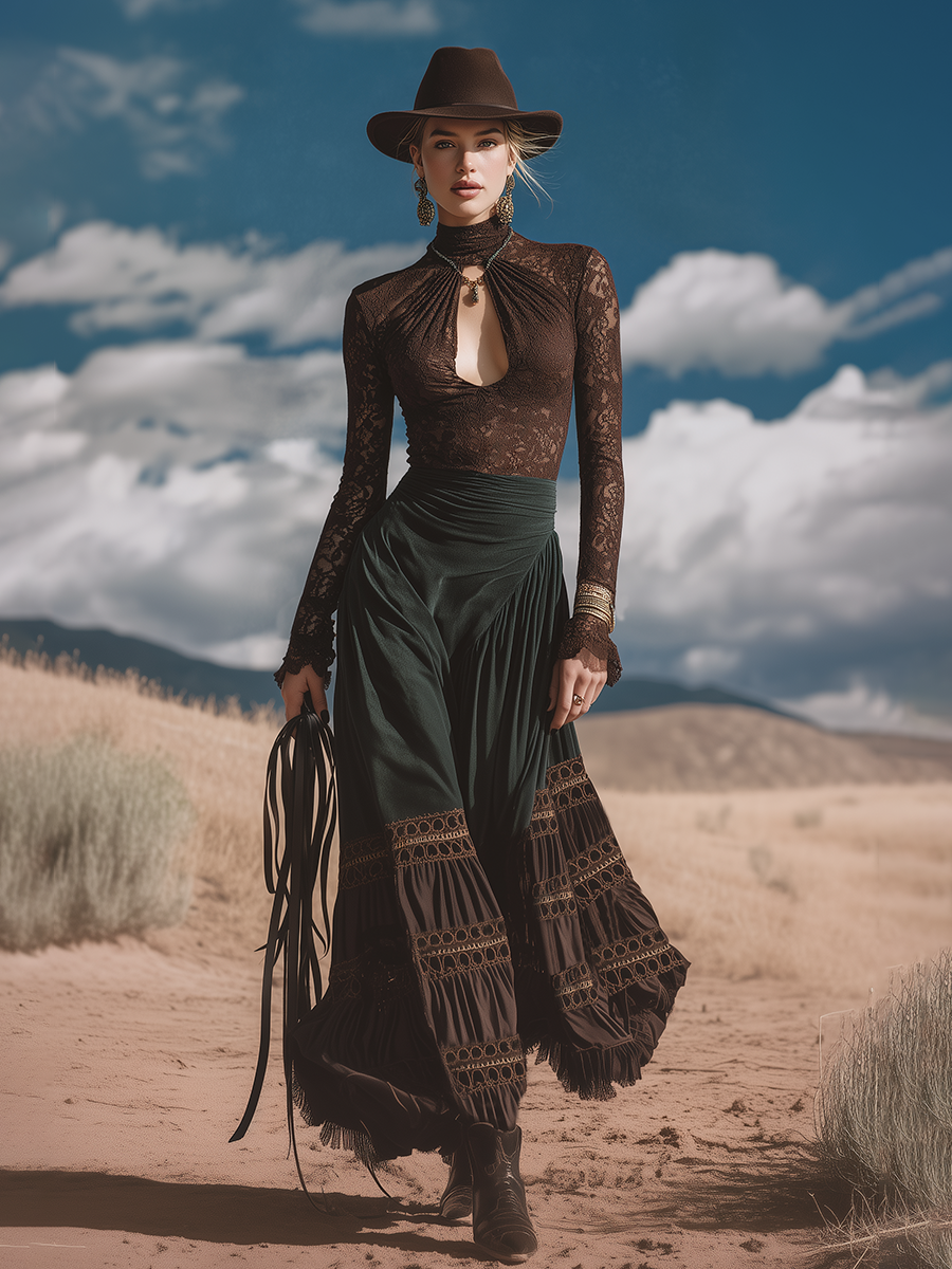 Retro Chic Bohemian Openwork Brown Lace Top