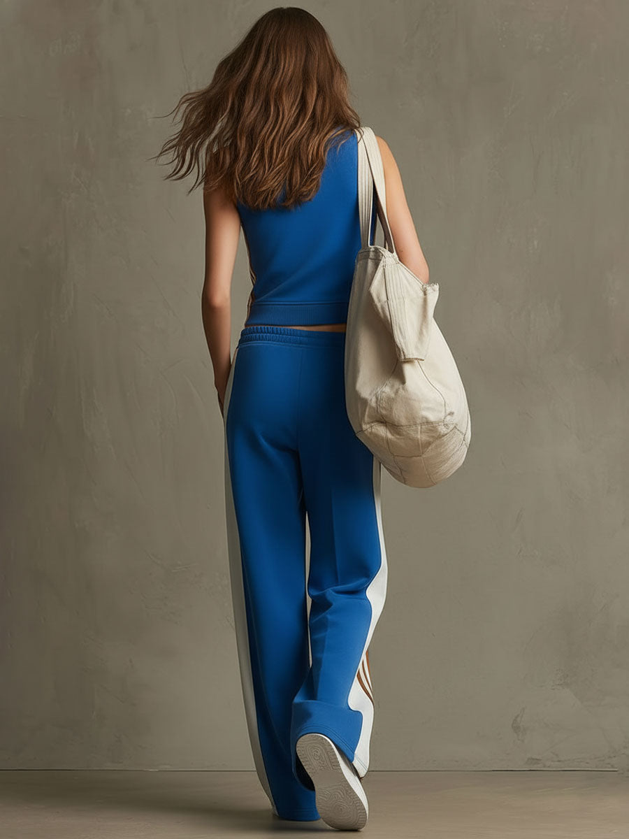 Sporty Retro Ribbon Royal Blue Sleeveless Embroidered Sweatshirt And Wide-Leg Pants Set