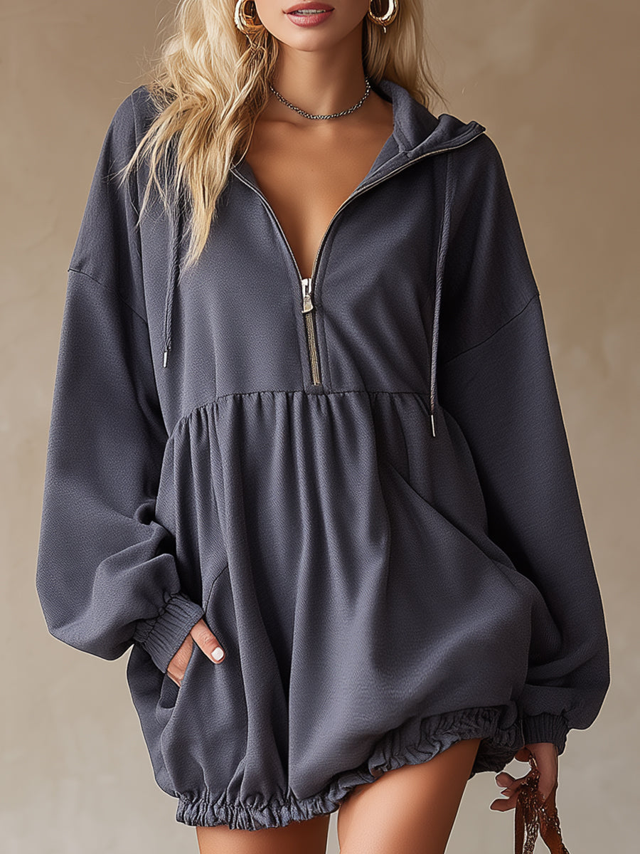 Casual Loose-fitting Zipper Gray Hooded Mini Dress