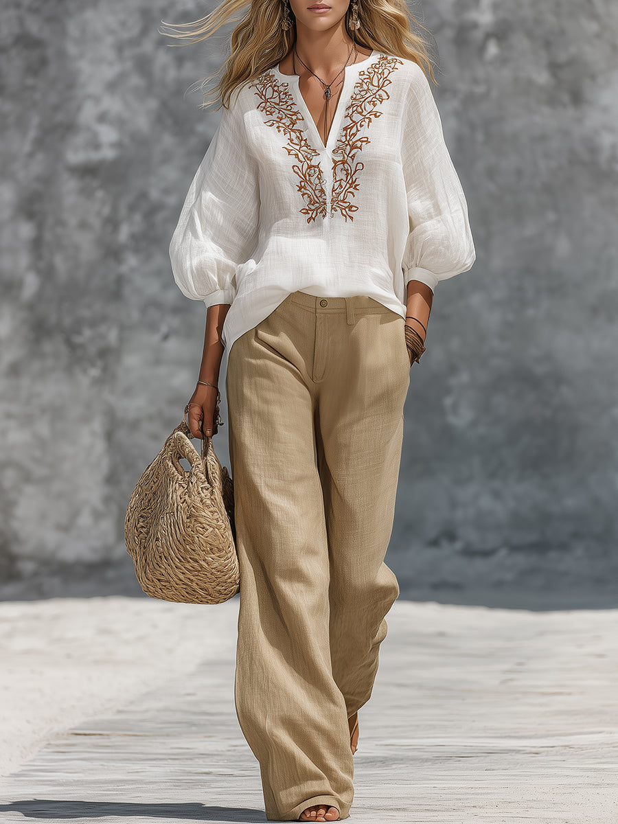 Retro And Relaxed Style Embroidered Top And Wide-leg Pants Set