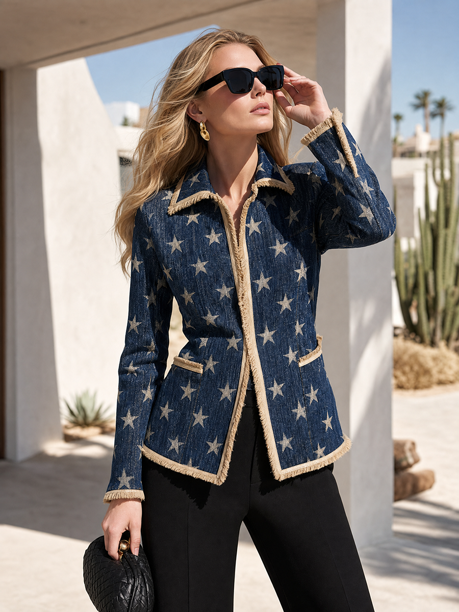 Women’s Star Print Fringe Denim Blazer Western Statement Jacket