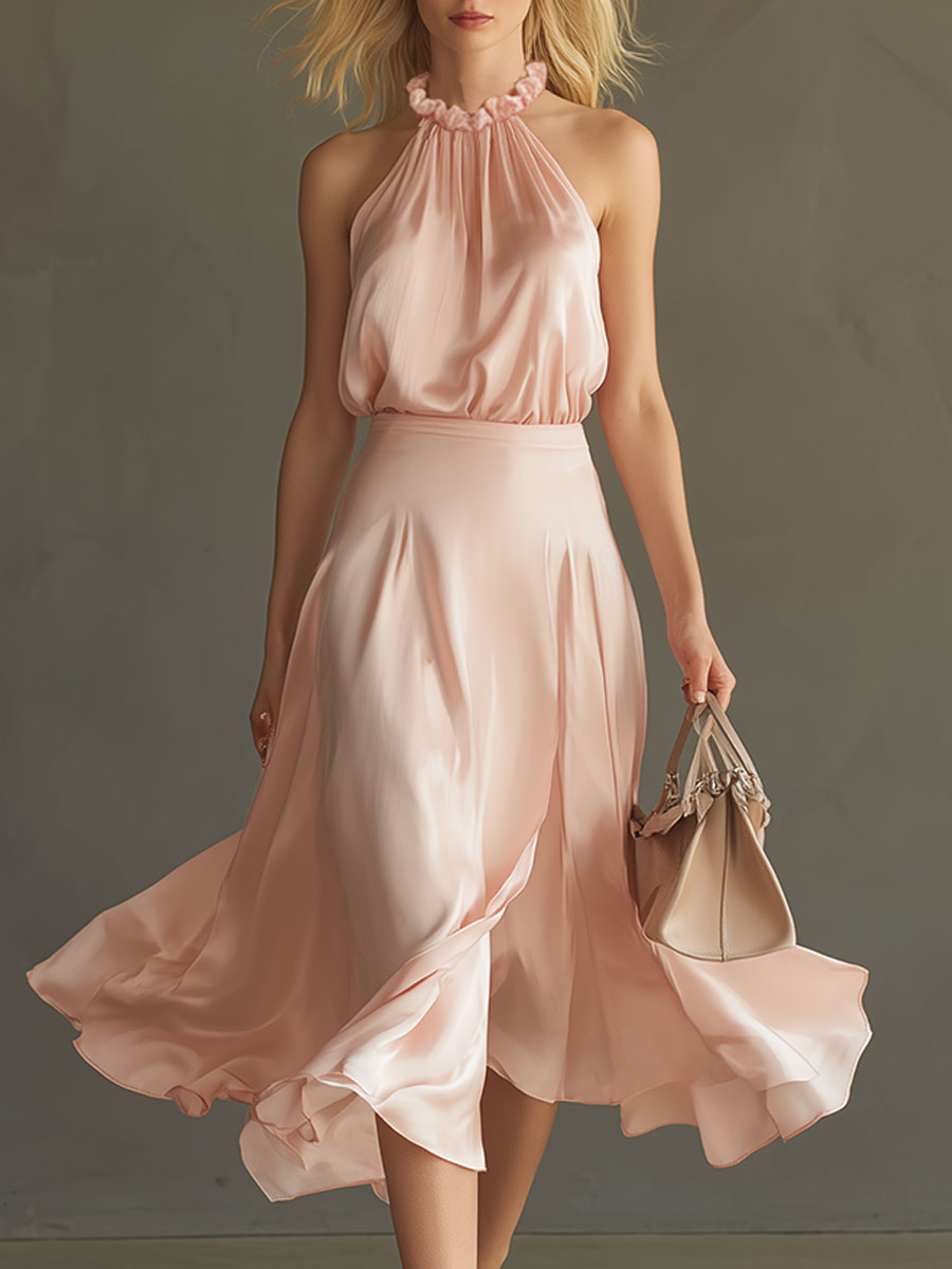 Stylish And Elegant Pink Sleeveless Satin Top And Skirt Set