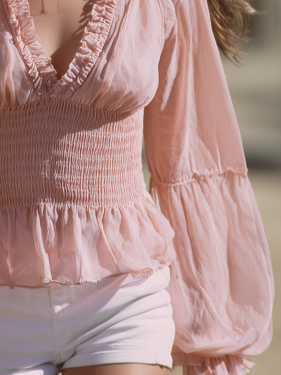 Western-style Pink Chiffon V-neck With Ruffled Trim And Elasticated Waist Top