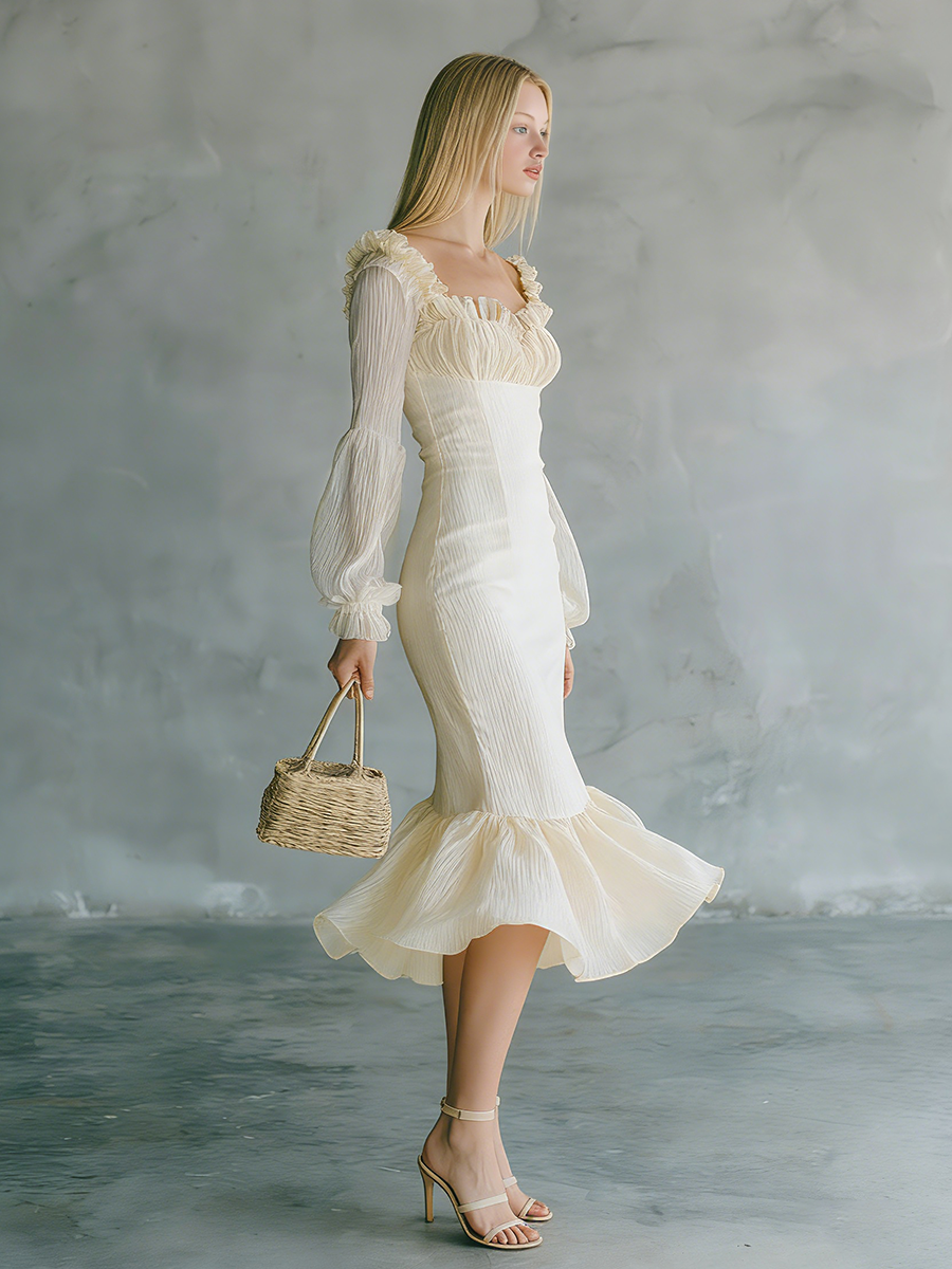 Exquisite And Elegant Square Neckline Ruffles Chiffon Midi Dress