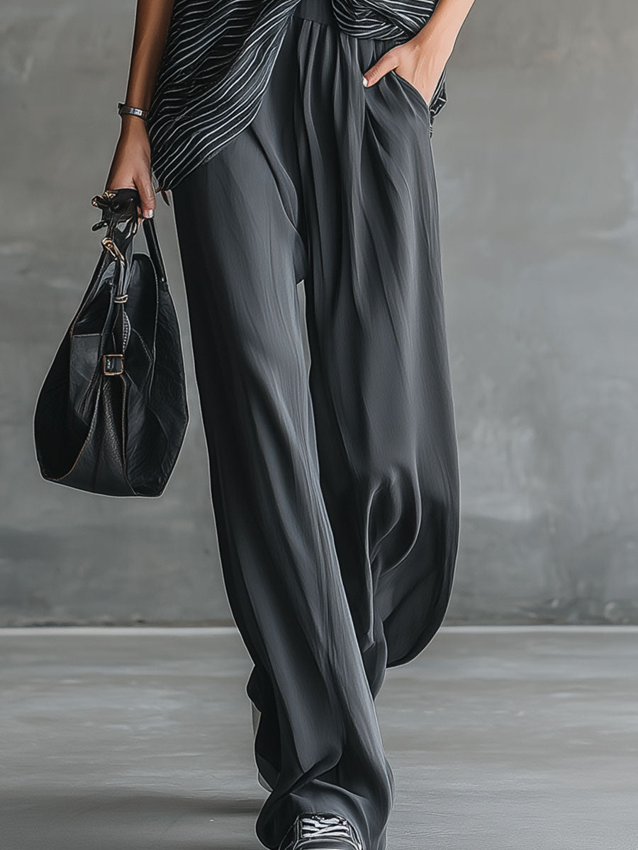 Stylish And Casual Black Short-sleeved Top And Gray Chiffon Pants Set