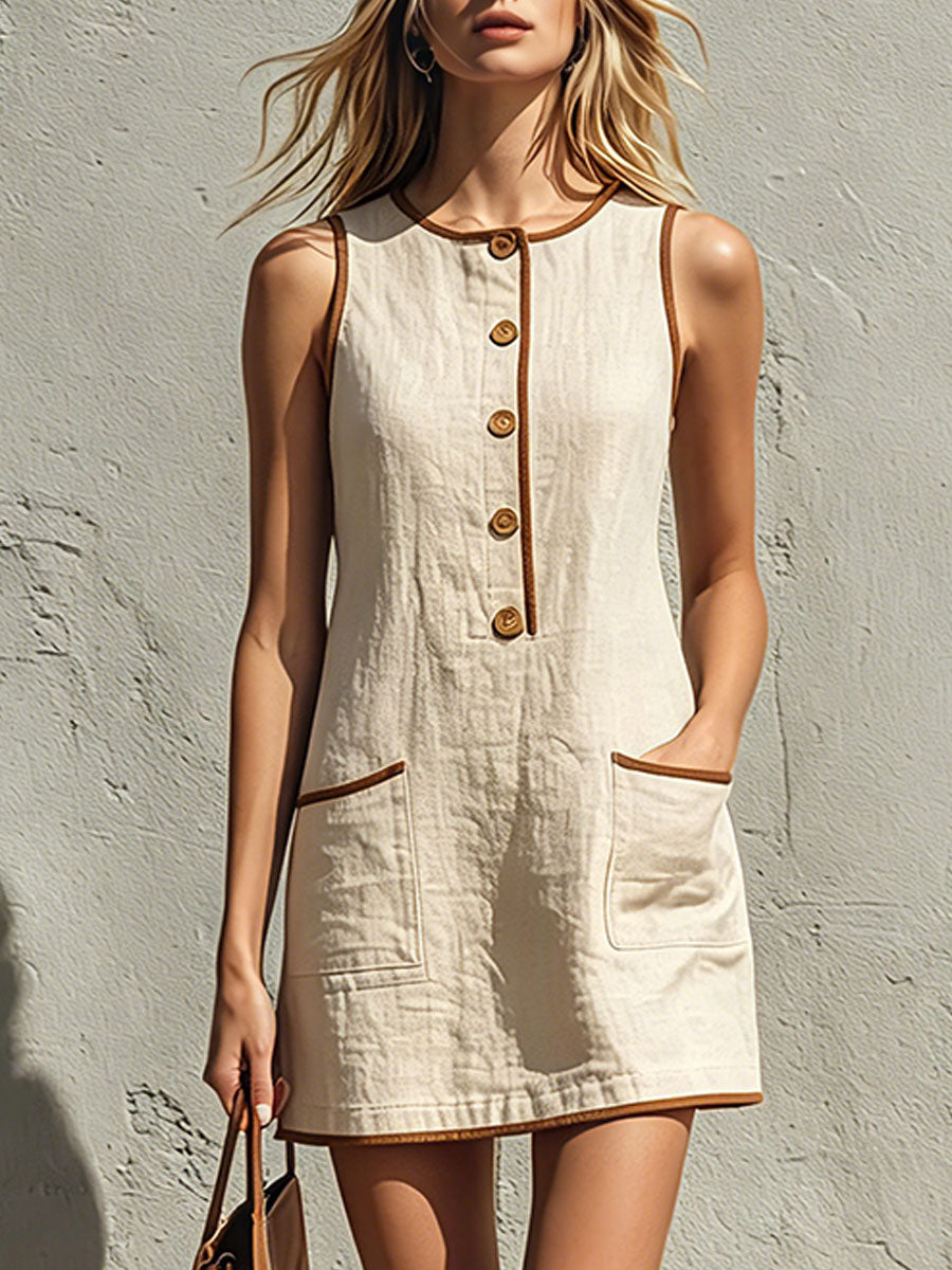 Casual Retro Color-blocked Trim Blue Sleeveless Round Neck Cotton Linen Mini Dress
