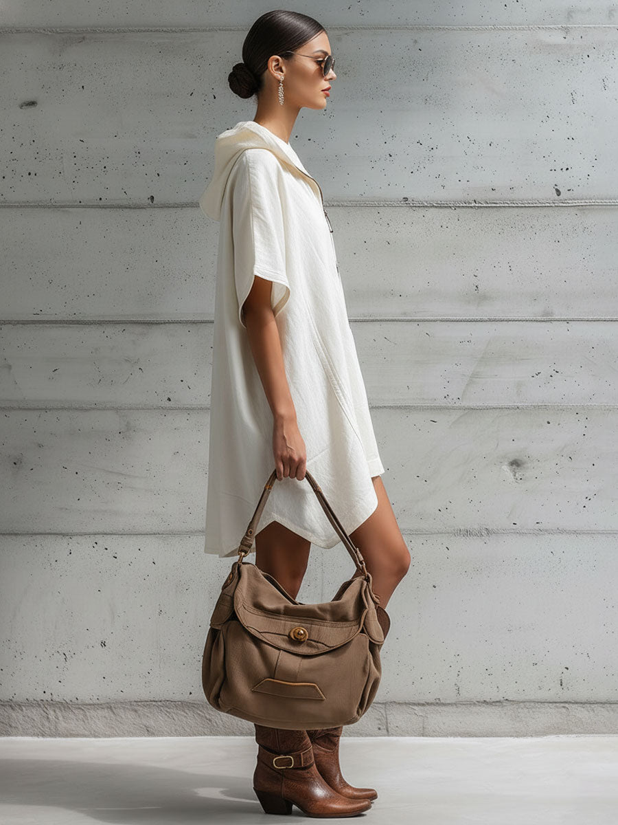 Casual Retro White Cotton Linen Short-sleeved Hooded Mini Dress