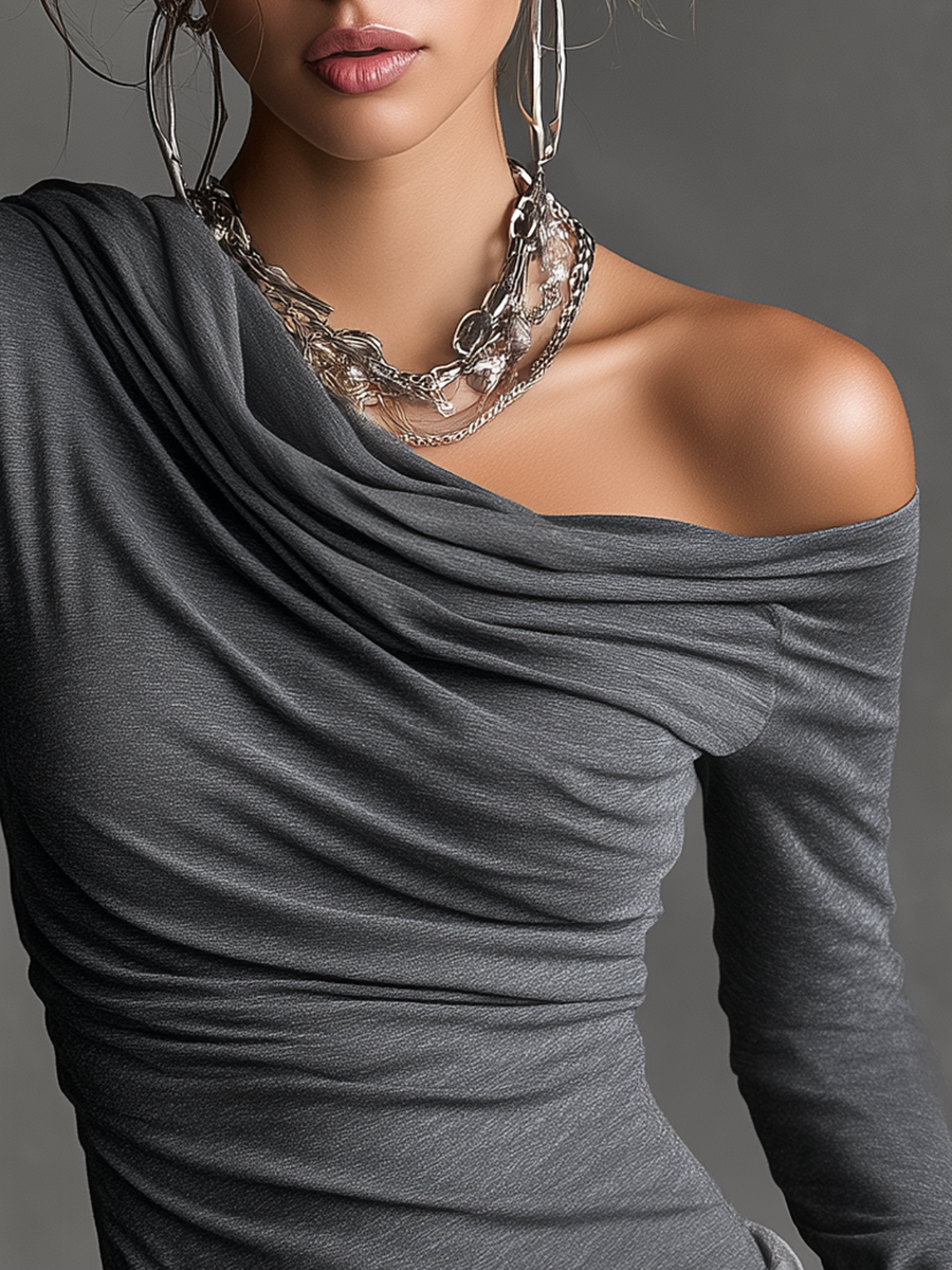 Elegant High-quality One-shoulder Cowl Neck Long-sleeved T-shirt