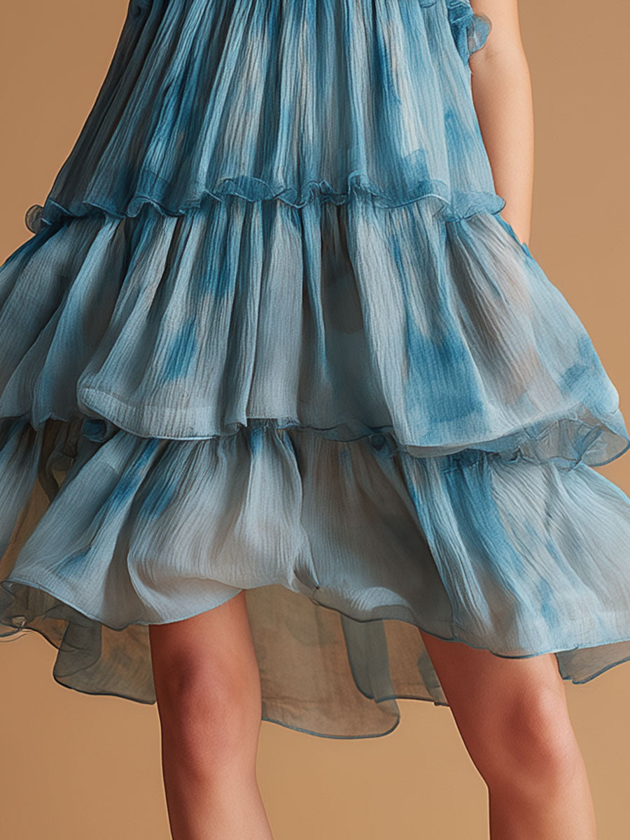 Resort-style Blue Spaghetti Strap Chiffon Midi Dress