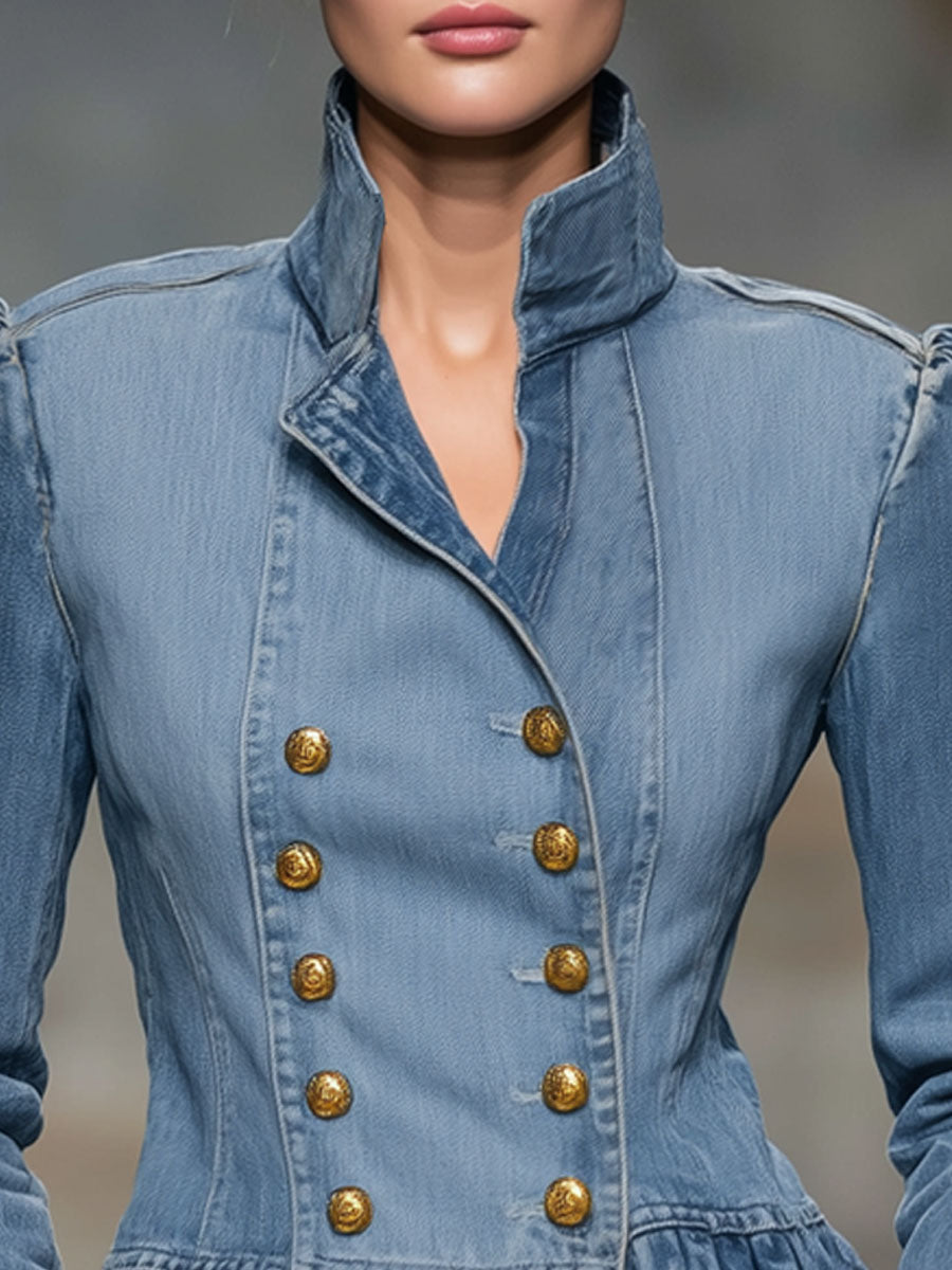 Retro-style Stand-up Collar Double-breasted Ruffled Denim Jacket