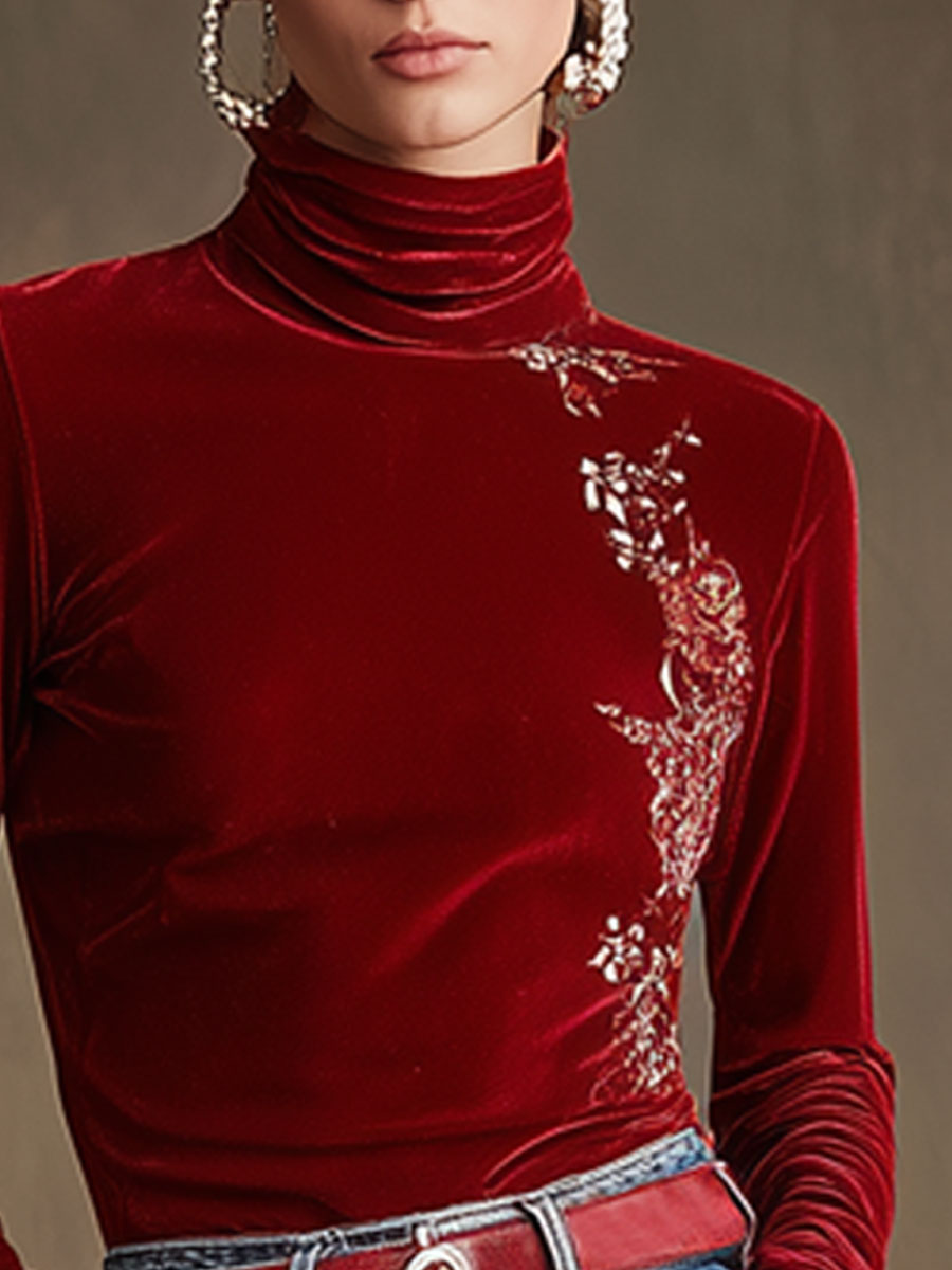 Casual Retro Floral Embroidered High-Neck Red Velvet Long-Sleeve T-Shirt