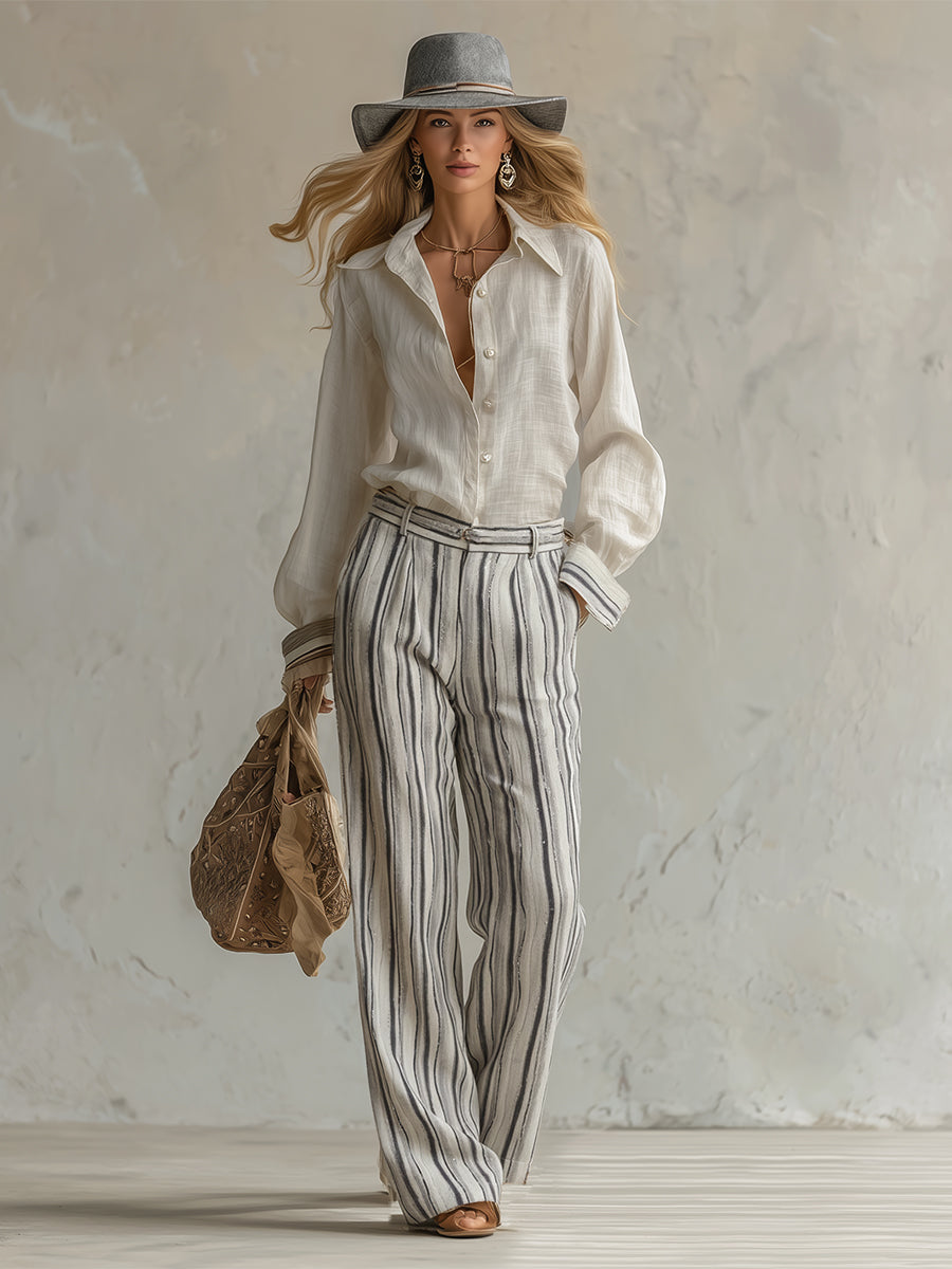 Elegant And Casual Cotton And Linen Off-white Shirt And Striped Wide-leg Pants Set