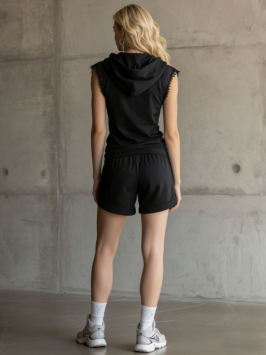 Sporty Retro Lace Trim Black Sleeveless Hooded Sweatshirt And Shorts Set