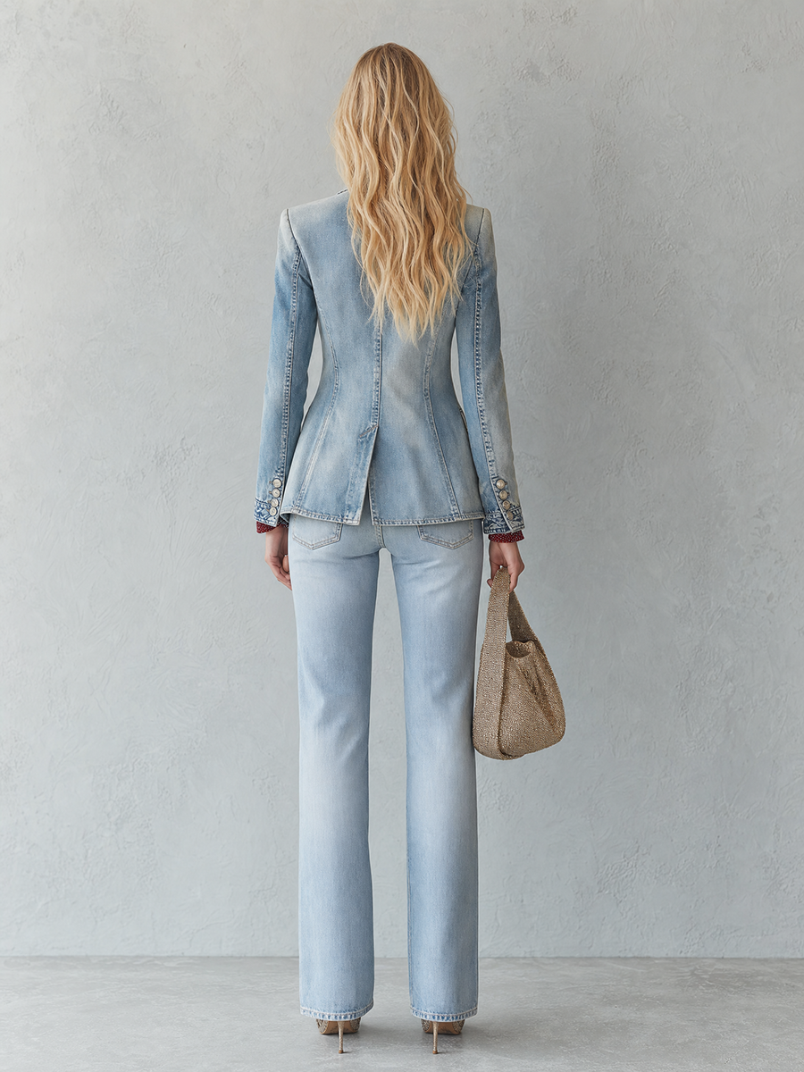 Vintage Double-Breasted Denim Blazer Suit For Women