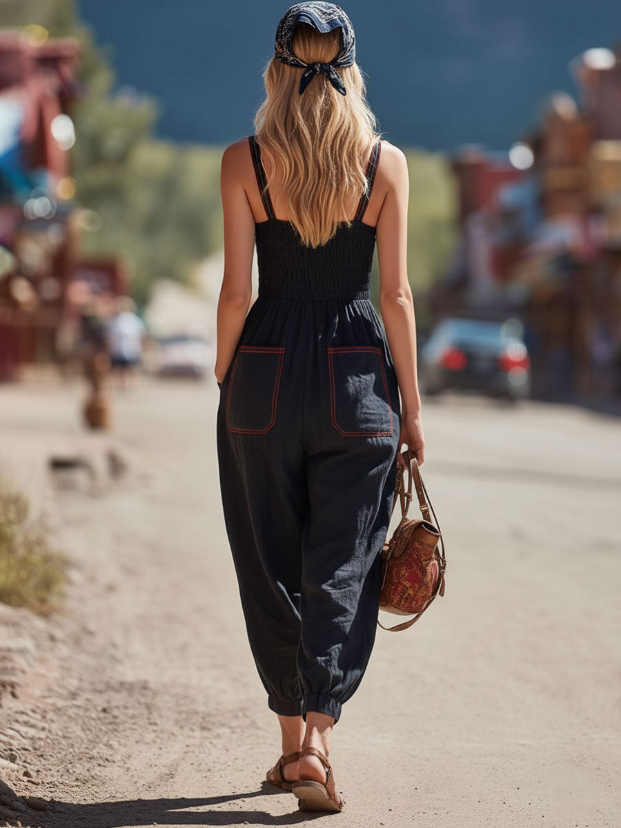 Western Retro Casual Black Sleeveless Buttoned Cotton Linen Lantern Jumpsuit