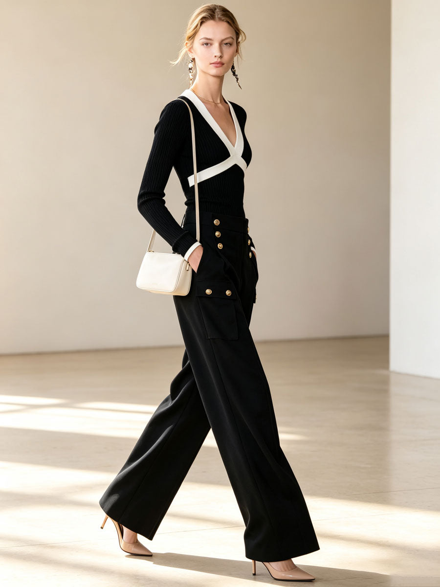 Fashionable Retro Black And White Knitted Long-sleeved Top And Multi-pocket Pants Set