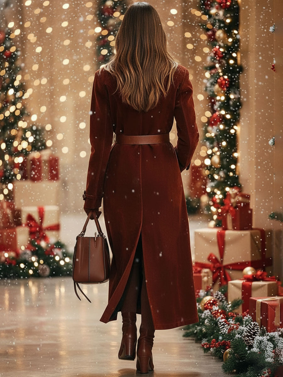 【24-hour shipping out】Casual Loose Vintage Angora Red Suede Pocket Lapel Extra Long Coat