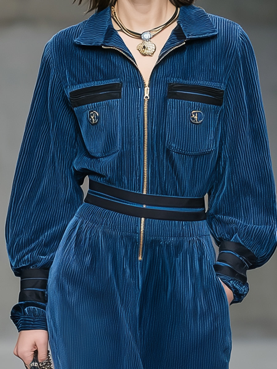 Blue Corduroy Dress With Black Webbing Zip Pockets Midi Dress