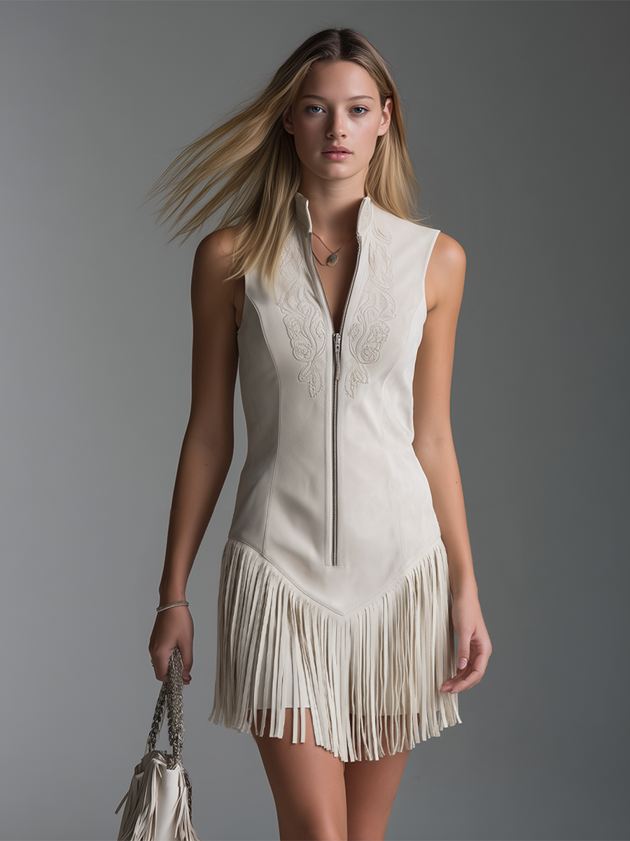 Stylish And Elegant Stand-up Collar Zipper Sleeveless Tassel Mini Dress
