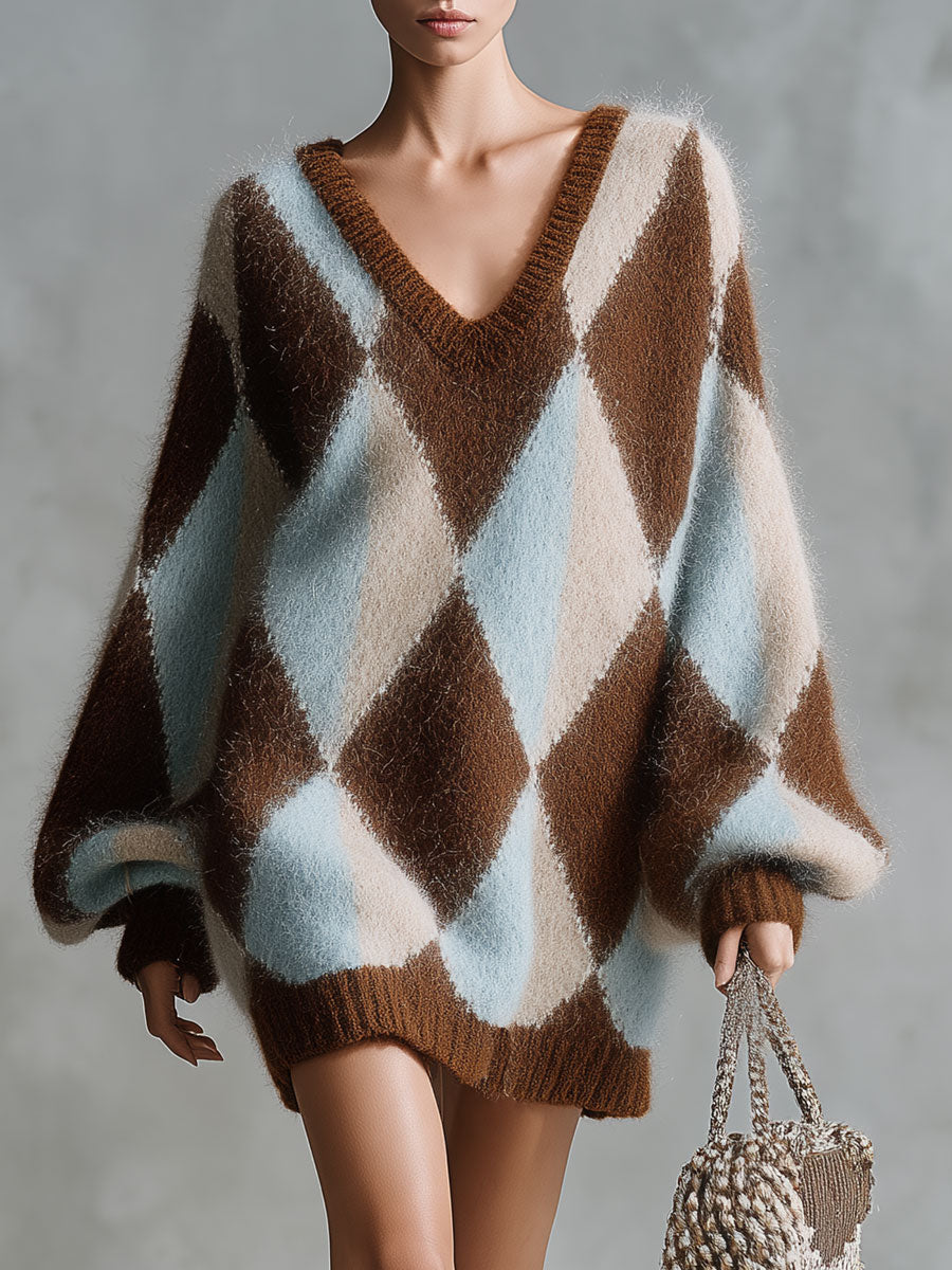 Retro-Elegant Oversized Brown And Blue Argyle V-Neck Mohair Knit Mini Dress