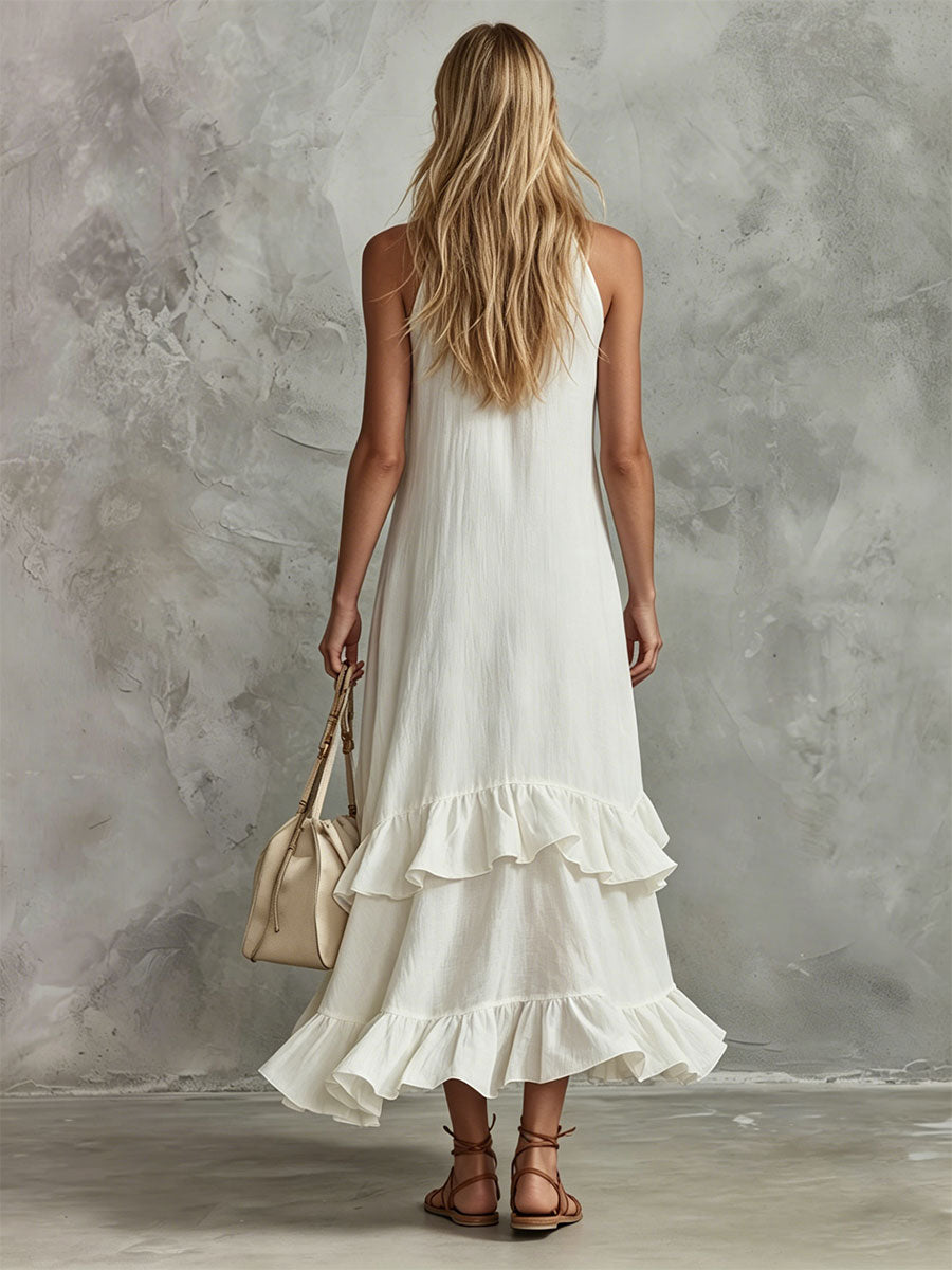 Retro-elegant White Sleeveless Ruffled Cotton-linen Midi Dress