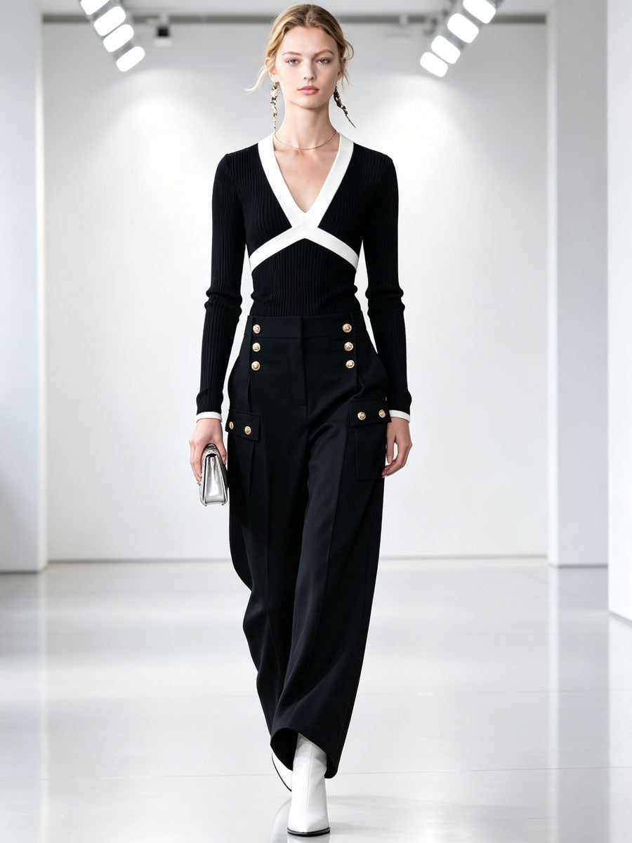 Fashionable Retro Black And White Knitted Long-sleeved Top And Multi-pocket Pants Set