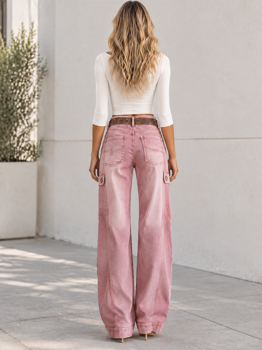 Pink Acid Wash Wide Leg Cargo Jeans