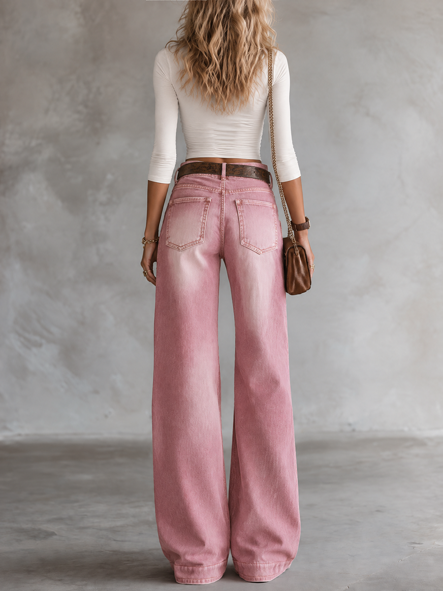 Pink Acid Wash Wide Leg Cargo Jeans